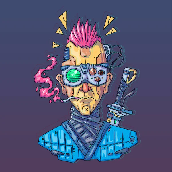 Charaktergesicht in futuristischem virtuellen Stil. Cyber-Punk-Vektorillustration. Cartoon Art für Web und Print. Trendiges Cyber-Kunst-Poster. — Stockvektor