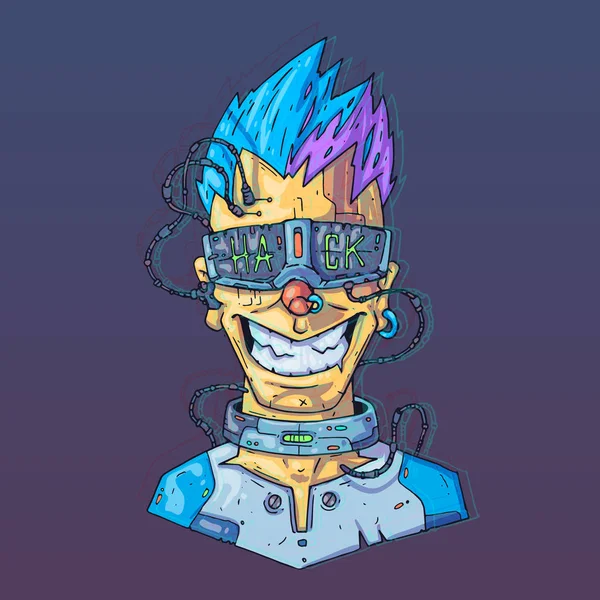 Visage de caractère dans un style virtuel futuriste. Cyber Punk Vector Illustration. Dessin animé pour le web et l'impression. Affiche Cyber Art à la mode . — Image vectorielle