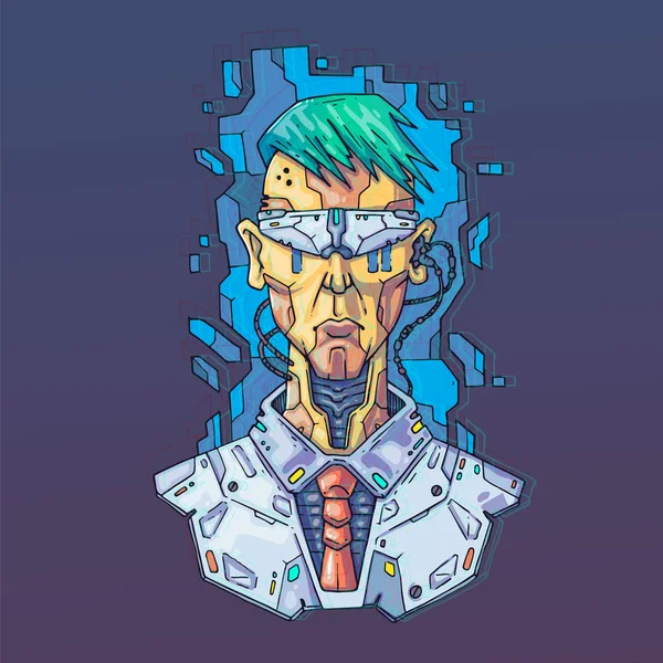 Charaktergesicht in futuristischem virtuellen Stil. Cyber-Punk-Vektorillustration. Cartoon Art für Web und Print. Trendiges Cyber-Kunst-Poster. — Stockvektor