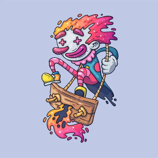 Cheerful clown swinging on a swing. Creative Vector Illustration. Cartoon art for web and print. — Stock Vector