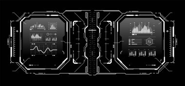 Teknolojik Hud elementleri, geleceksel arayüz sanal gerçekliği. İleri teknoloji fütüristik ekran. Teknoloji ve bilim, analiz şablonu.