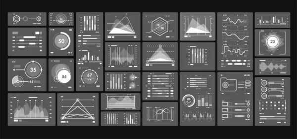 Fekete-fehér modern design műszerfal infografikai elemek. Adminisztratív panel interfész táblázatokkal, grafikonokkal, statisztikákkal. Műszerfal sablonja. — Stock Vector