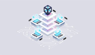 Büyük veri merkezinin hesaplanması, kuantum bilgisayar izometrik vektör teknolojisi. Veri görselleştirme kavramı. 3d izometrik vektör çizimi.