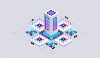 Isometric tasarım konsepti sanal gerçeklik ve artırılmış gerçeklik. yazılım geliştirme ve programlama. Veri görselleştirme kavramı. 3d izometrik vektör çizimi.