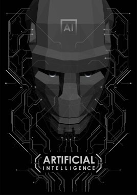 Robot suratlı yaratıcı bir poster. Yapay zeka. Soyut düşük polyester yüz. Makine öğrenimi ve siber zihin kontrolü kavramı.