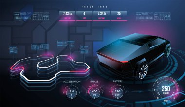 Gelecekçi otomotiv teknolojisi. Şarj istasyonundaki elektrikli araba, ağ ve düşük polimerli tasarım. Web, baskı ve pazarlama reklamınız için otomotiv şablonu.