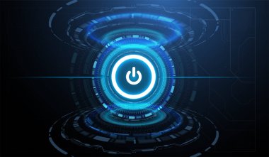 Güç düğmesi olan yüksek teknoloji arka plan. Teknolojik geçmiş. Fütürist Hud elementlerine sahip vektör illüstrasyonu.