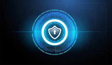 Kalkan koruma ikonu. Hud daireleri ve Siber Güvenliğin Kalkan Simgesi, Dijital Veri Ağı Koruma. Soyut sanal grafik dokunmatik kullanıcı arayüzü.