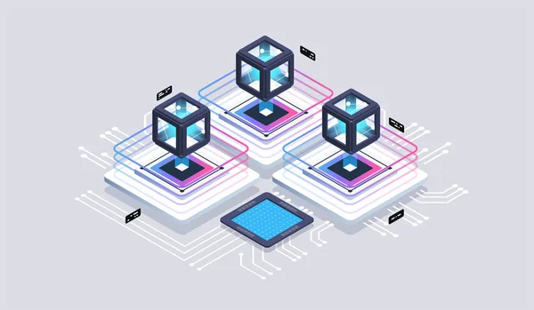 Cálculo del centro de datos grande, tecnología cuántica del vector isométrico de la computadora. Concepto de visualización de datos. Ilustración vectorial isométrica 3d . — Archivo Imágenes Vectoriales