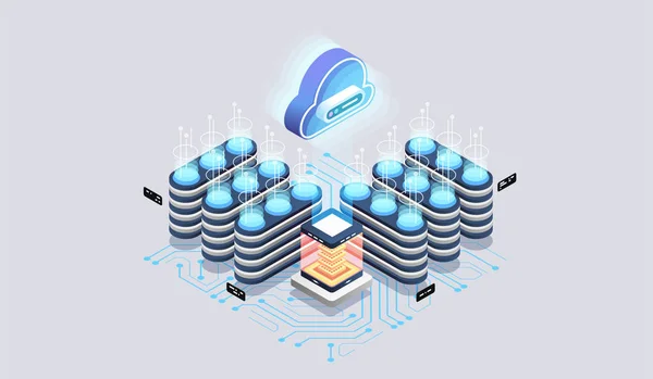 Moderne Cloud-Technologie und Vernetzungskonzept. Cloud-Datenbank, futuristische Server-Energiestation. Datenvisualisierungskonzept. 3D isometrische Vektorabbildung. — Stockvektor