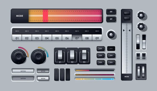 Elementos da interface do usuário. Conjunto de botões realistas da Web. Conjunto de elementos UI modernos, incluindo interruptores e botões . — Vetor de Stock