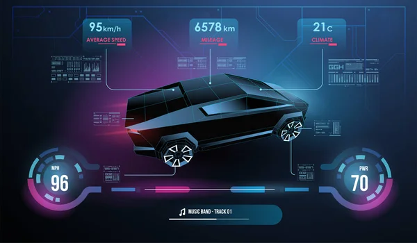 Moderne sportwagen dashboard met navigatie display. Cockpit van futuristische autonome auto. Abstract virtuele grafische touch gebruikersinterface. Auto Autodienst, Modern Ontwerp, Kenmerkende Auto. — Stockvector