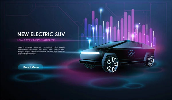 Egy okos vagy intelligens autó elvont illusztrációja. Elektromos autó alacsony poli stílusú kivitelben. Kreativefuturisztikus neon izzó koncepció autó sziluett. — Stock Vector