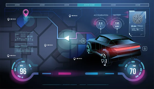 Ilustración abstracta de un coche inteligente o inteligente. Coche eléctrico de diseño de estilo polivinílico bajo. CreativeFuturistic Neon Glowing Concept Car Silhouette . — Vector de stock