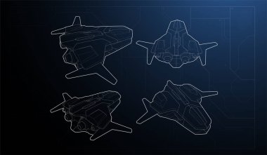 Bir uzay gemisi savaşçısının çizimi. Bir dizi gemi görüntüsü. Web ve baskı için bilim kurgu illüstrasyonu.
