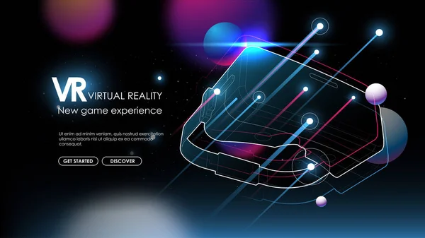 Kacamata virtual reality. Dunia abstrak vr dengan garis neon. Konsep futuristik kreatif. Templat modern untuk web dan cetak . - Stok Vektor