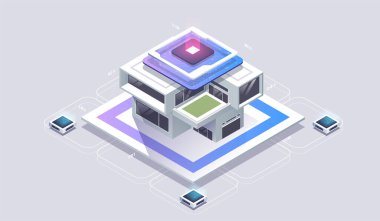 Akıllı yapı izometrik vektör konsepti. Akıllı ev. Kablosuz merkezi kontrollü ev teknolojisi sistemi kavramı.