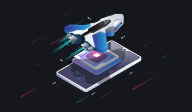 Uzay gemisi telefon ekranında. Fütürist mikroçip işlemcisi. Dijital çip. Modern işlemci. Modern izometrik çizim.