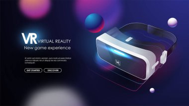 VR cihazları, sanal gözlükler, sanal gerçeklik gözlükleri dijital siber ortamda elektronik video oyunları oynamak için bir cihaz. Fütürist poster.