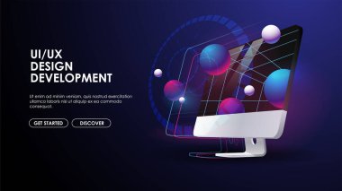 Bilgisayar monitörü 3d vektör illüstrasyonu. Ui ve Ux geliştirme, yazılım mühendisliği konsepti. Web ve yazdırma için yaratıcı şablon.