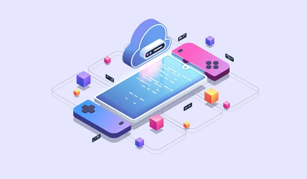 Mobiel Cloud Gaming Telefoonspelletjes Ontwikkeling Moderne Isometrische Illustratie — Stockvector