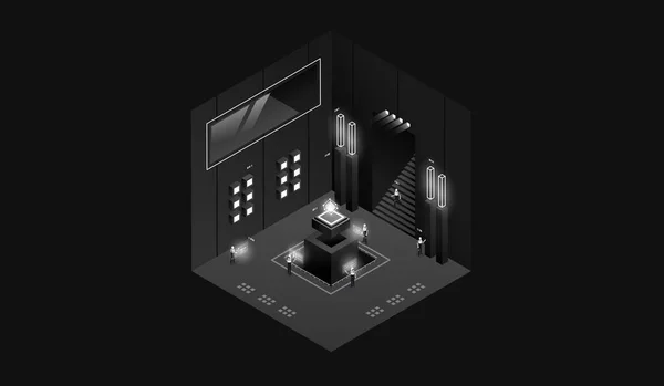Temný Laboratorní Interiér Vizualizace Dat Futuristická Průmyslová Budova Tmavá Izometrická — Stockový vektor