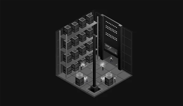 暗い実験室のインテリア データ可視化 未来的な工業ビルだ ダークアイソメトリックイラスト — ストックベクタ