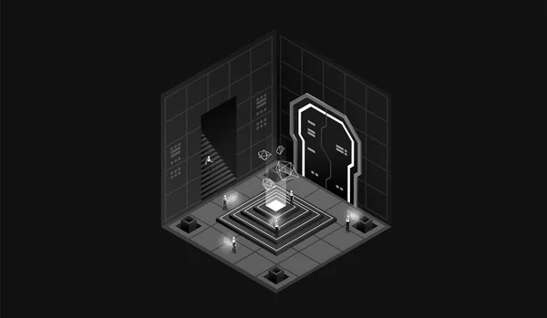 Interior Oscuro Del Laboratorio Visualización Datos Edificio Industrial Futurista Ilustración — Vector de stock