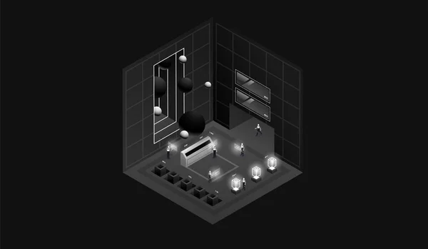 Interior Oscuro Del Laboratorio Visualización Datos Edificio Industrial Futurista Ilustración — Archivo Imágenes Vectoriales