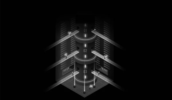 Mörk Laboratorieinteriör Datavisualisering Futuristisk Industribyggnad Mörk Isometrisk Illustration — Stock vektor
