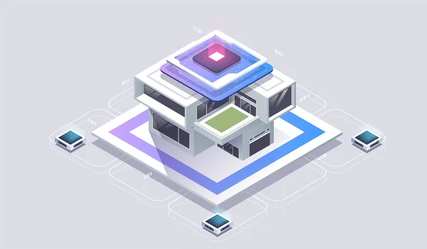 Intelligentes Isometrisches Gebäudevektorkonzept Smart Home Konzept Der Haustechnologie Mit Drahtloser — Stockvektor