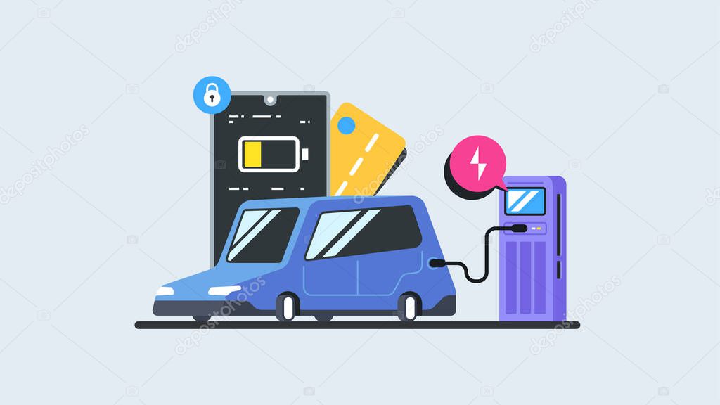 Electromobility e-motion concept. Flat vector illustration of a electric car charging on the charger station point. Modern flat illustration.