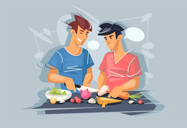 Due ragazzi stanno cucinando. Coppia gay. Dieta sana. Cibo vegetariano sano . — Vettoriale Stock