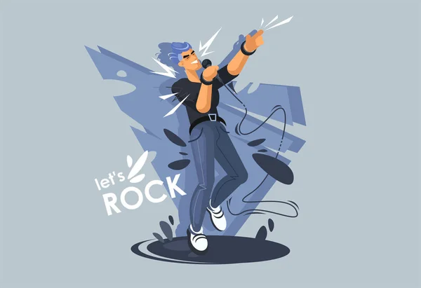 Um jovem canta no palco, uma estrela do Rock. Músico de rock em uma pose dinâmica . — Vetor de Stock