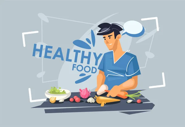 A young guy is preparing lunch. Healthy diet. Healthy vegetarian food. — Stock Vector