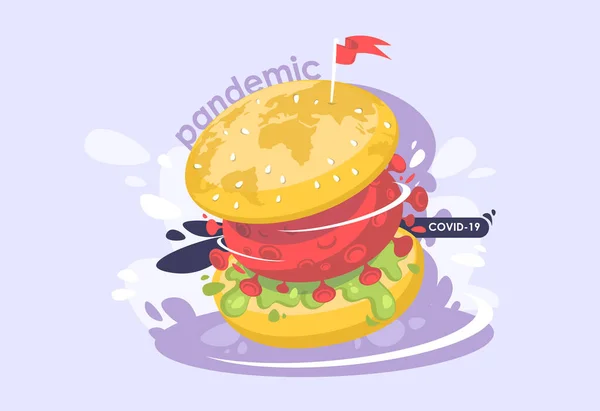 Pandemia di coronavirus mondiale. Un hamburger grande con una cellula virale. Illustrazione vettoriale di Coronavirus 2019-nCoV . — Vettoriale Stock