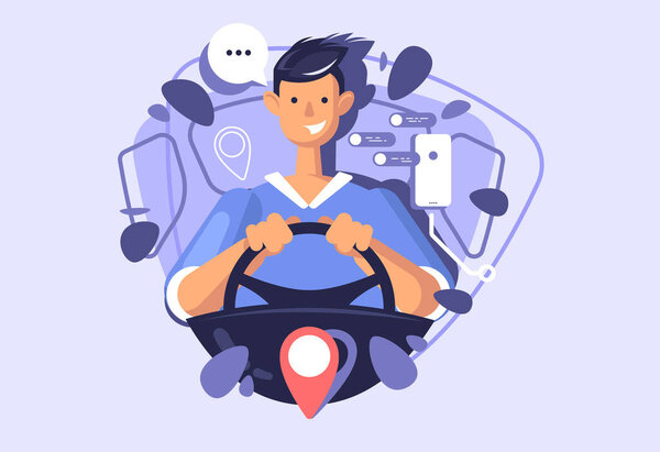A young guy driving a car. Concept illustration of a carsharing or taxi service.