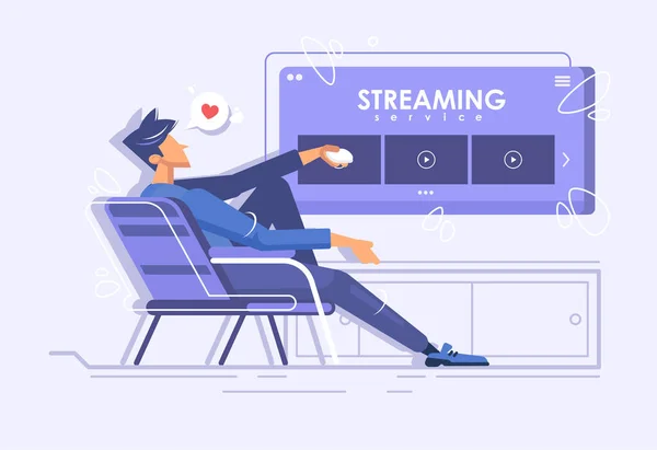 A young guy is sitting in a chair and watching a movie. Online movie theater. Streaming service concept. Online viewing of TV series at home. — Stock Vector