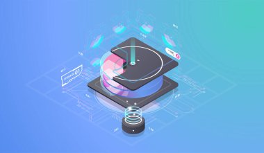 Isometric tasarım konsepti sanal gerçeklik ve artırılmış gerçeklik. yazılım geliştirme ve programlama. Büyük veri merkezinin hesaplanması, bilgi işleme, veritabanı. izometrik vektör teknolojisi