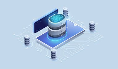 Biyometrik verilerle dijital güvenlik erişimi. Kişisel kimlik için dijital parmak izi tanıma biyometrik teknoloji vektör illüstrasyonuna dokunun.