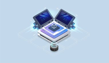 Web motoru, programlama araçları. Yazılım geliştirme. Teknoloji görselleştirme. Vektör izometrik illüstrasyon.