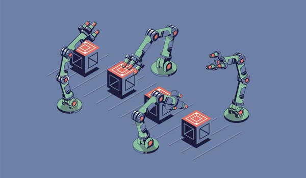 Ilustración Isométrica Industrial Inteligente Manipuladores Robóticos Desplazan Cajas Transportador — Archivo Imágenes Vectoriales