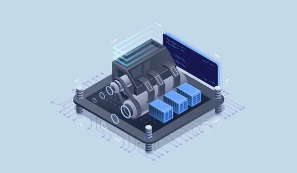 Moteur Web Outils Programmation Développement Logiciels Visualisation Technologique Illustration Isométrique — Image vectorielle