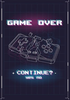 Düşük elementli Game Over posteri. Bozuk oyun kumandası. Yaratıcı oyun şablonu.
