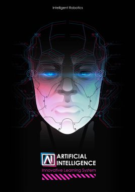 Sanal arayüzle çalışan yapay zekaya sahip bir robot. Büyük veri. Yapay zeka kavramı. Robot surat. Siber zihin. Teknoloji arka plan kavramı.