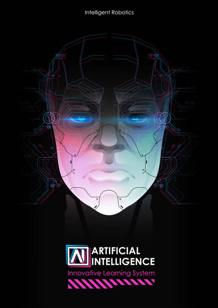 Robot with artificial intelligence working with virtual interface. Big data. AI concept. Robot face. Cyber mind. Technology background concept.
