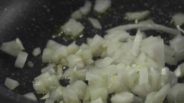 White Onion Frying Black Pan — Stock Video