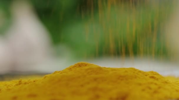 Vue Rapprochée Poudre Curcuma Jaune — Video