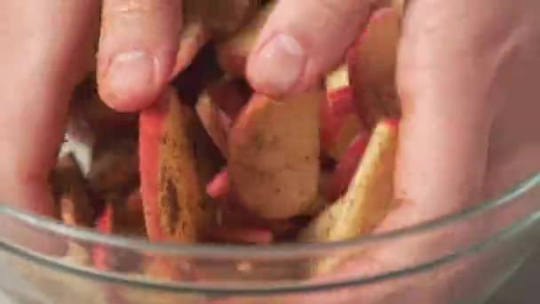 Frauenhände Mischen Rote Äpfel Mit Gewürzen Glasschüssel — Stockvideo
