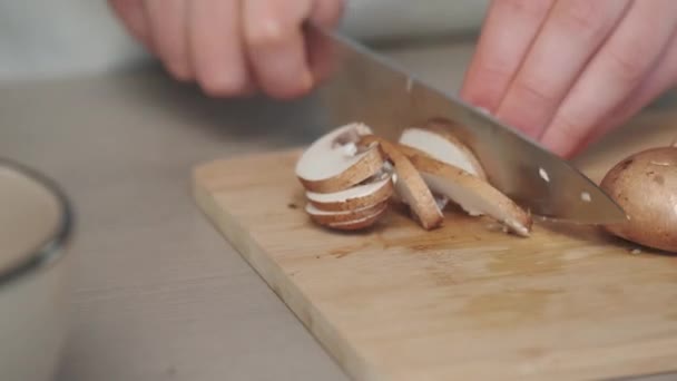 Cutting Fresh Mushrooms Close View — Stock Video